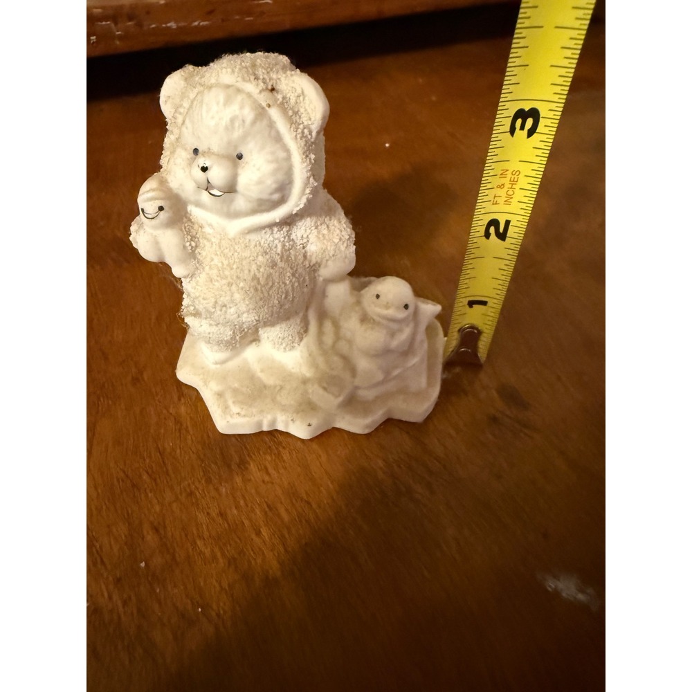 Vintage White Bisque Porcelain Snow Bear Figurine with Snowmen Winter Decor